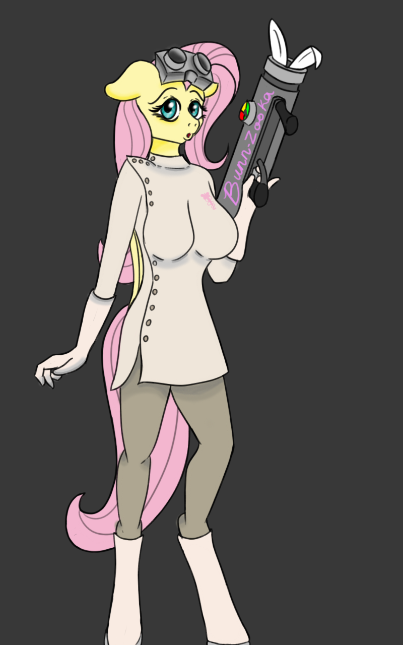 anthro anthrofied blue_eyes cannon equine eyelashes eyewear female fluttershy_(mlp) friendship_is_magic goggles hair horse lagomorph lovingwolf mammal my_little_pony original_character outfit pegasus pink_hair rabbit ranged_weapon rocket_launcher weapon wings