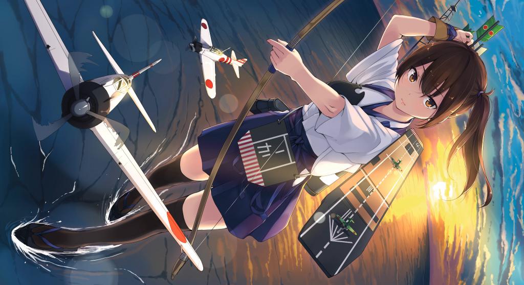 aircraft airplane archery arrow black_legwear bow_(weapon) brown_eyes brown_hair clog_sandals cloud downscaled flight_deck gloves hakama_skirt japanese_clothes kaga_(kantai_collection) kantai_collection kyuudou md5_mismatch muneate ocean partly_fingerless_gloves resized side_ponytail sideways skirt sky solo standing standing_on_liquid sun tasuki thighhighs unasaka_ryou weapon yugake zettai_ryouiki