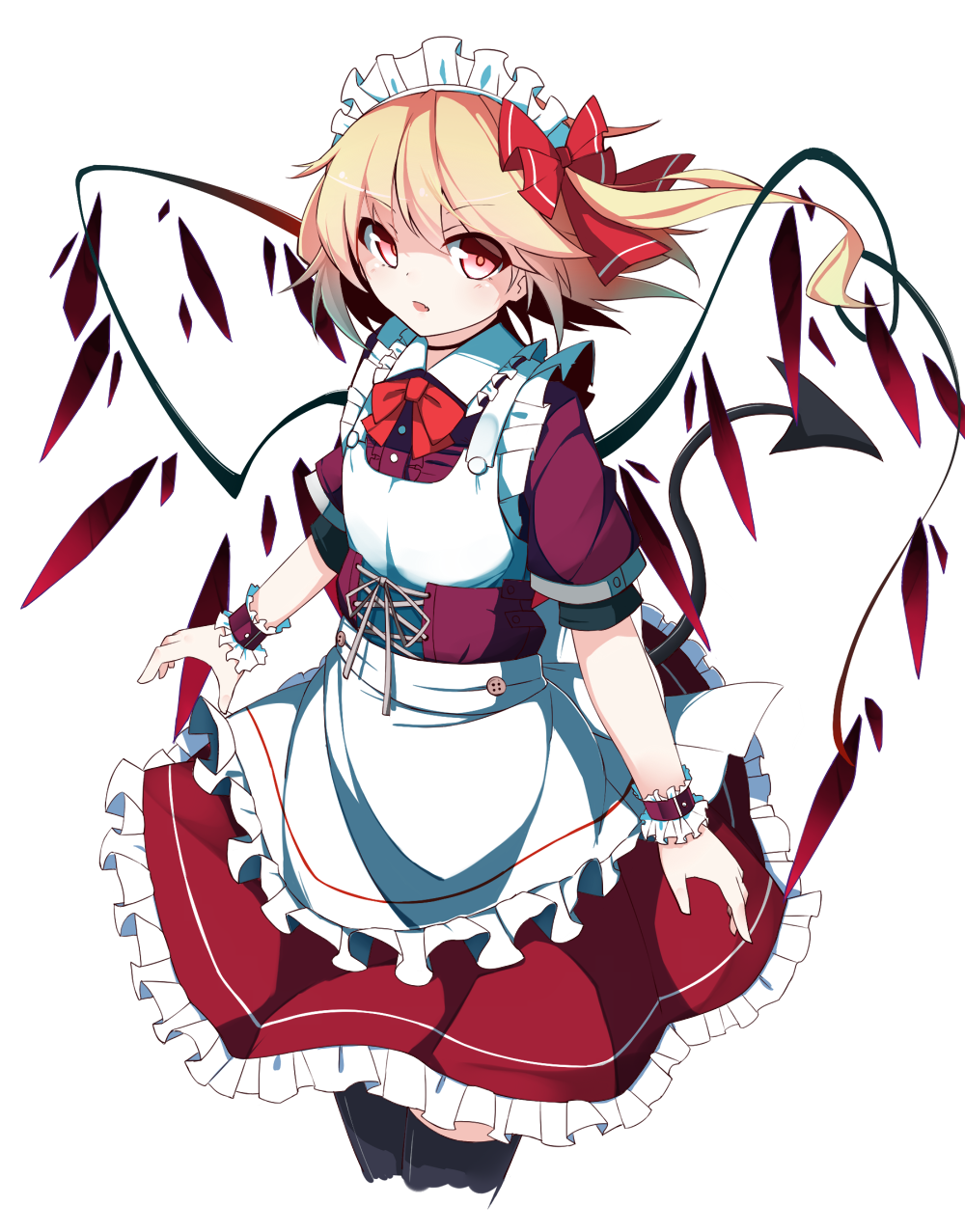 alternate_costume apron black_legwear blonde_hair corset demon_girl demon_tail enmaided flandre_scarlet hair_bobbles hair_ornament highres looking_at_viewer maid maid_apron maid_headdress pink_eyes puffy_short_sleeves puffy_sleeves satou_(3366_s) shirt short_sleeves side_ponytail simple_background skirt solo swimsuit tail thighhighs touhou white_background wings wrist_cuffs zettai_ryouiki