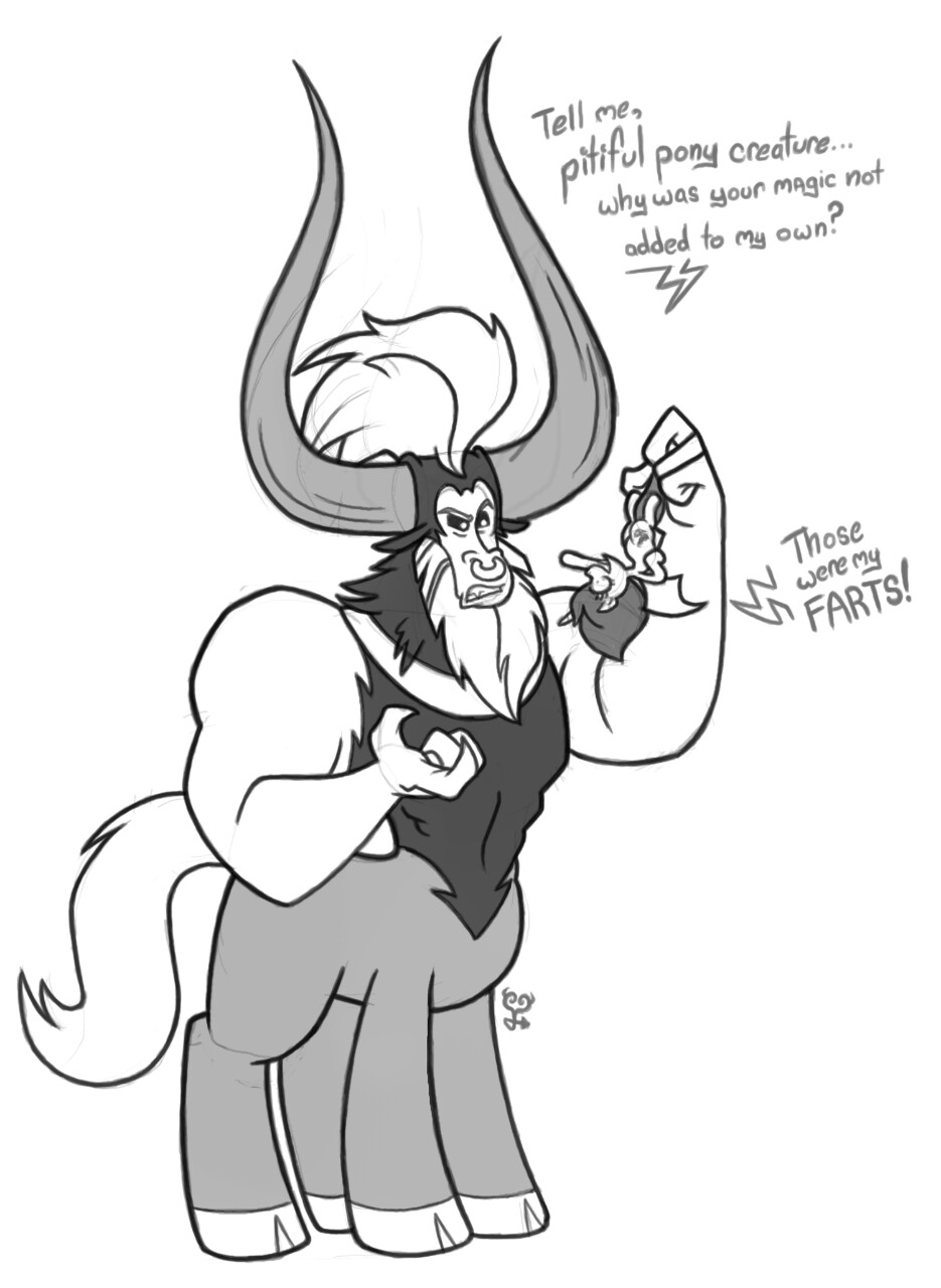 centaur cutie_mark dialog duo english_text equine eye_contact facial_piercing friendship_is_magic fur greyscale hair holding horn human male mammal monochrome my_little_pony nose_piercing piercing size_difference standing taur text tirek_(mlp) wicked-at-heart wings