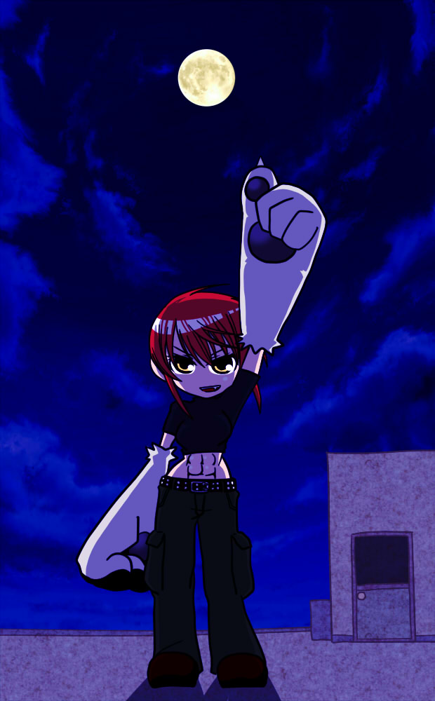 abs animal_ears arm_up belt cargo_pants cloud commentary crop_top fang full_moon handsome_wataru kaibutsu_oujo midriff moon muscle navel night night_sky outstretched_arm pants paws pointing pointing_up red_hair riza_wildman rooftop short_hair sky smile solo standing yellow_eyes