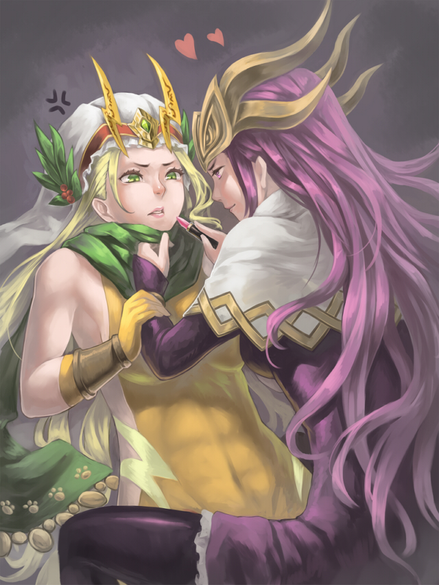 bad_id bad_pixiv_id blonde_hair bodysuit genderswap genderswap_(mtf) green_eyes headdress lipstick loki_(p&amp;d) long_hair makeup multiple_girls orange_bodysuit purple_eyes purple_hair puzzle_&amp;_dragons scotishfold thor_(p&amp;d)