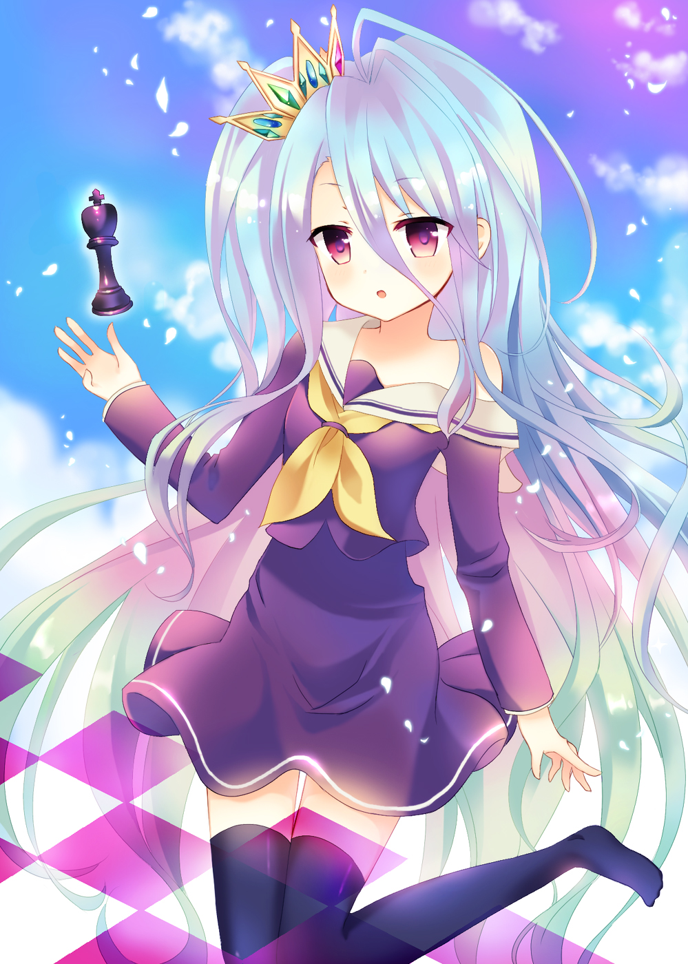 bangs black_legwear blue_hair blue_sky chess_piece chessboard cloud cowboy_shot crown dress gradient_eyes hair_between_eyes highres long_hair long_sleeves mayo_(miyusa) multicolored multicolored_eyes no_game_no_life off_shoulder parted_lips purple_eyes school_uniform serafuku shiny shiny_hair shiro_(no_game_no_life) sky solo swept_bangs tareme thighhighs transparent very_long_hair zettai_ryouiki