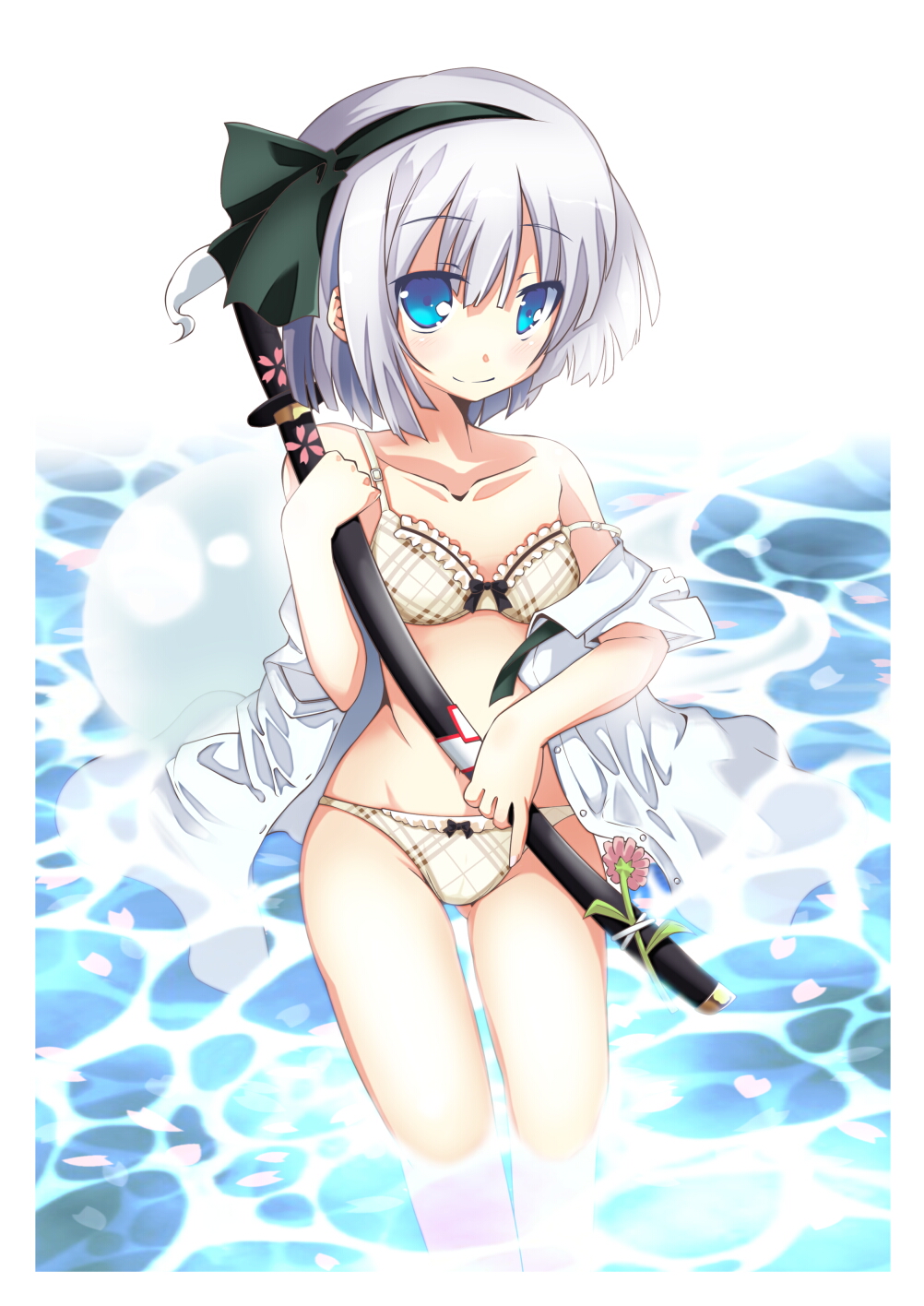 1girl bikini blue_eyes bow cherry_blossoms collarbone commentary_request hair_bow highres hitodama katana konpaku_youmu konpaku_youmu_(ghost) petals sheath sheathed short_hair solo swimsuit sword take_tonbo touhou wading weapon white_bikini white_hair