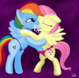 blue_fur cutie_mark duo equine female feral fluttershy_(mlp) friendship_is_magic fur hair horse lesbian long_hair mammal multi-colored_hair my_little_pony open_mouth panties pegasus pink_hair pony purple_eyes rainbow_dash_(mlp) rainbow_hair rainbow_tail smile tongue tongue_out underwear wings yellow_fur yodacera