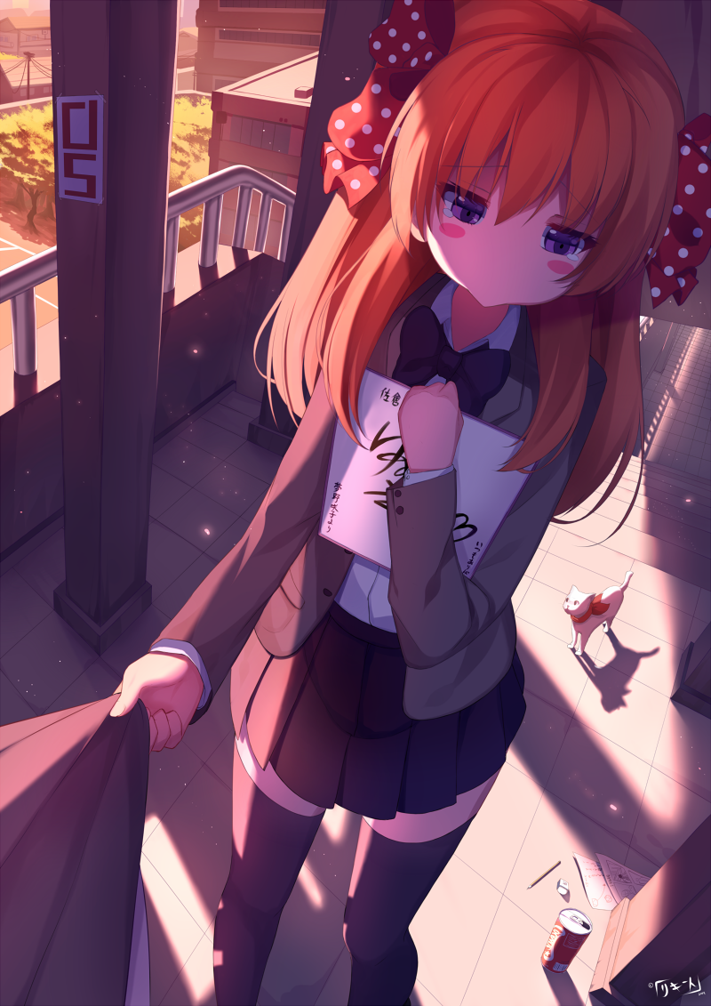 :&gt; animal black_legwear blazer blush_stickers bow can cat clothes_grab eraser gekkan_shoujo_nozaki-kun hair_bow jacket orange_hair paper pencil polka_dot polka_dot_bow pout purple_eyes rizky_(strated) rouman_academy_uniform sakura_chiyo school_uniform solo_focus sunset thighhighs twilight zettai_ryouiki