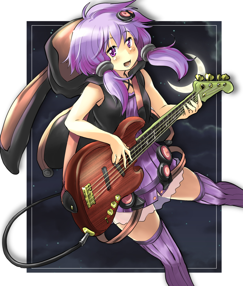 animal_ears animal_hood bad_id bad_pixiv_id bare_arms bunny_hood cloud cloudy_sky crescent crescent_moon dress electric_guitar fake_animal_ears guitar hair_ornament hood instrument moon nise_nanatsura open_clothes open_mouth open_vest purple_dress purple_hair purple_legwear sky sleeveless sleeveless_dress solo thighhighs vest vocaloid voiceroid yuzuki_yukari zettai_ryouiki