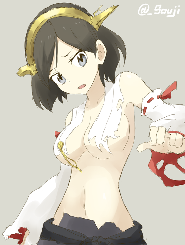 artist_name bad_id bad_twitter_id bangs breasts brown_hair convenient_censoring detached_sleeves grey_eyes hairband headgear kantai_collection kirishima_(kantai_collection) medium_breasts midriff navel no_eyewear parted_bangs short_hair simple_background solo souji torn_clothes twitter_username underboob