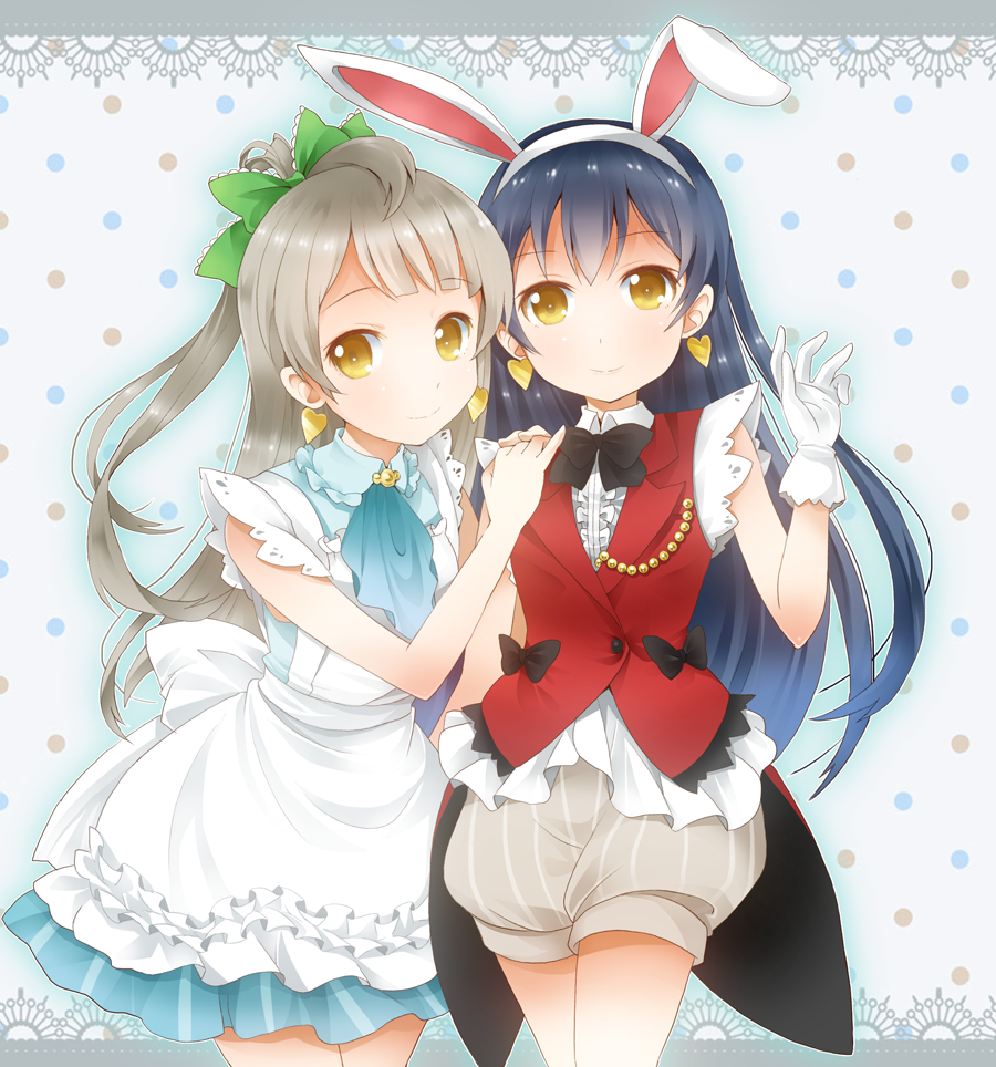 2girls animal_ears bad_id bad_pixiv_id blue_hair commentary earrings fake_animal_ears gloves grey_hair hair_ribbon heart heart_earrings jewelry korekara_no_someday long_hair looking_at_viewer love_live! love_live!_school_idol_project minami_kotori multiple_girls ratryu ribbon smile sonoda_umi white_gloves yellow_eyes