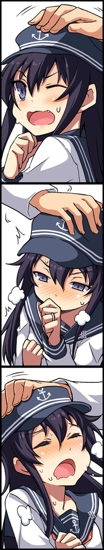 akatsuki_(kantai_collection) black_hair blue_eyes blush closed_eyes fang hand_on_another's_head hat jewelry kantai_collection long_image multiple_views one_eye_closed open_mouth out_of_frame petting ring solo_focus tall_image wavy_mouth yuuji