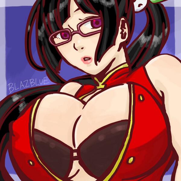 bad_id bad_pixiv_id bare_shoulders black_hair blazblue breasts chinese_clothes cleavage glasses huge_breasts lips litchi_faye_ling long_hair nagareryuu purple_eyes side_ponytail solo upper_body