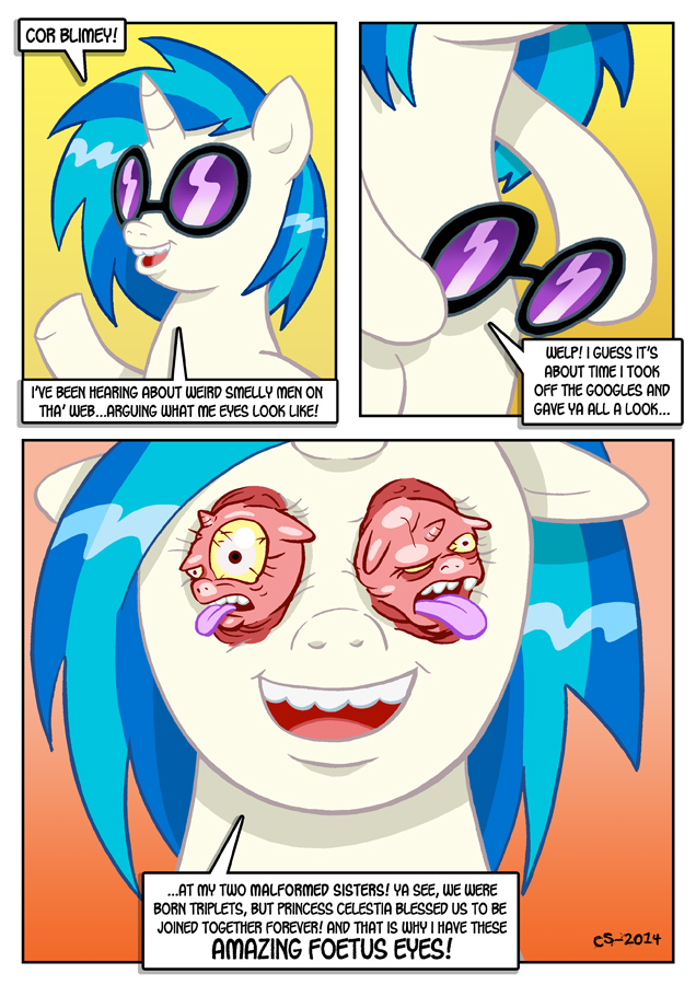 blue_hair curtsibling dialog english_text equine f&oelig;tus female friendship_is_magic fur hair horn mammal my_little_pony nightmare_fuel solo text tongue tongue_out two_tone_hair unicorn vinyl_scratch_(mlp) what white_fur