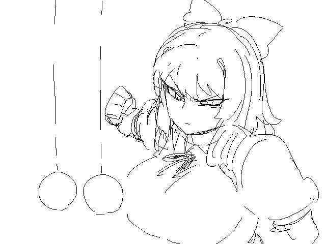 animated animated_gif ball bow breaking breasts cirno greyscale hair_bow huge_breasts long_hair monochrome older punching sexually_suggestive sketch solo space_jin touhou