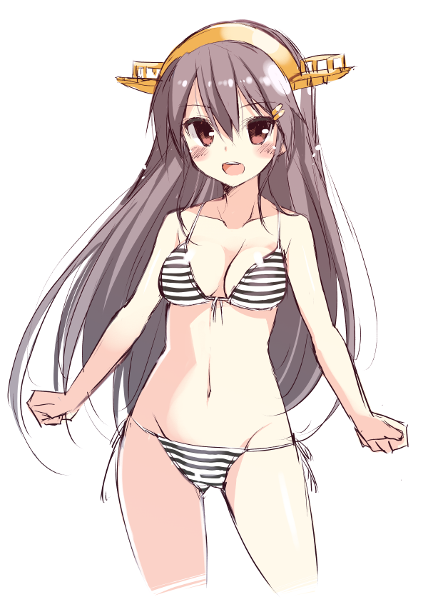 alternate_costume bikini blush breasts brown_hair cleavage collarbone front-tie_top groin hair_ornament hairband hairclip haruna_(kantai_collection) headgear kantai_collection long_hair looking_at_viewer medium_breasts navel oota_yuuichi open_mouth red_eyes side-tie_bikini simple_background smile solo striped striped_bikini swimsuit white_background