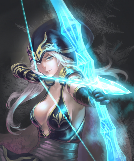 aiming arrow ashe_(league_of_legends) aura blue_eyes bow_(weapon) breasts bridal_gauntlets cape cleavage drawing_bow elbow_gloves gloves holding holding_arrow holding_bow_(weapon) holding_weapon hood large_breasts league_of_legends lips long_hair looking_at_viewer outstretched_arm pointing pointing_at_viewer scotishfold shoulder_armor sideboob solo spaulders weapon white_hair