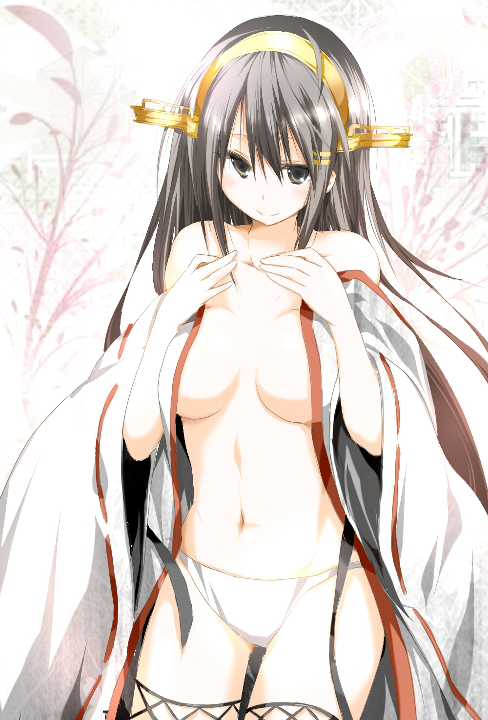 black_hair breasts brown_eyes detached_sleeves hair_ornament hairband hairclip hands_on_own_chest haruna_(kantai_collection) highres japanese_clothes kantai_collection large_breasts long_hair mukouhara_shiryuu no_bra nontraditional_miko open_clothes panties smile solo underwear