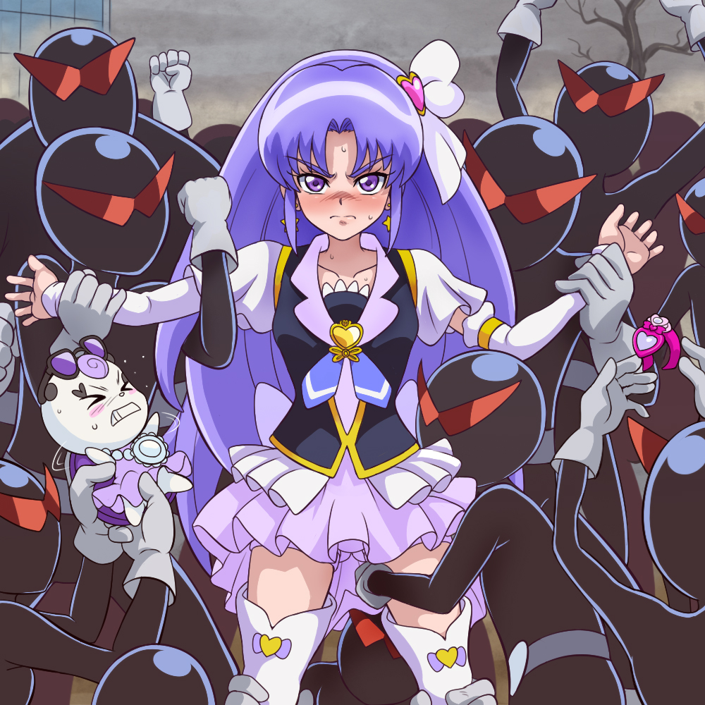1girl angry arm_warmers blue_background boots cure_fortune happinesscharge_precure! high_heel_boots high_heels hikawa_iona kabuki-man long_hair magical_girl one_eye_closed precure purple_eyes purple_hair purple_skirt rape skirt thigh_boots thighhighs very_long_hair white_legwear