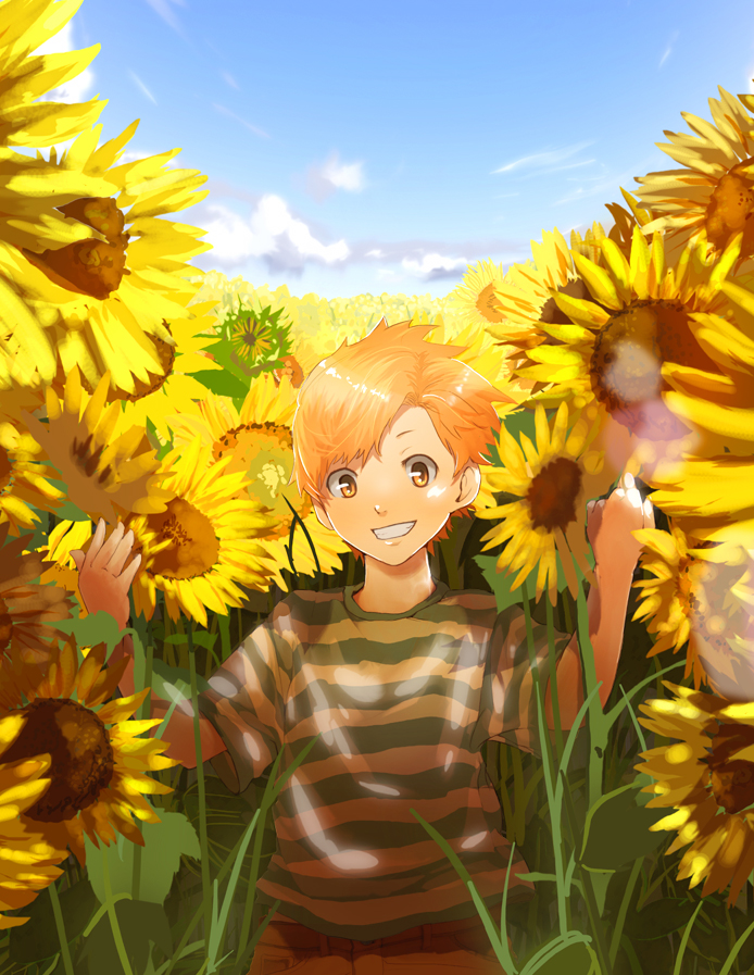 artist_request claus field flower flower_field grin male_focus mother_(game) mother_3 orange_hair smile solo sunflower yellow_eyes