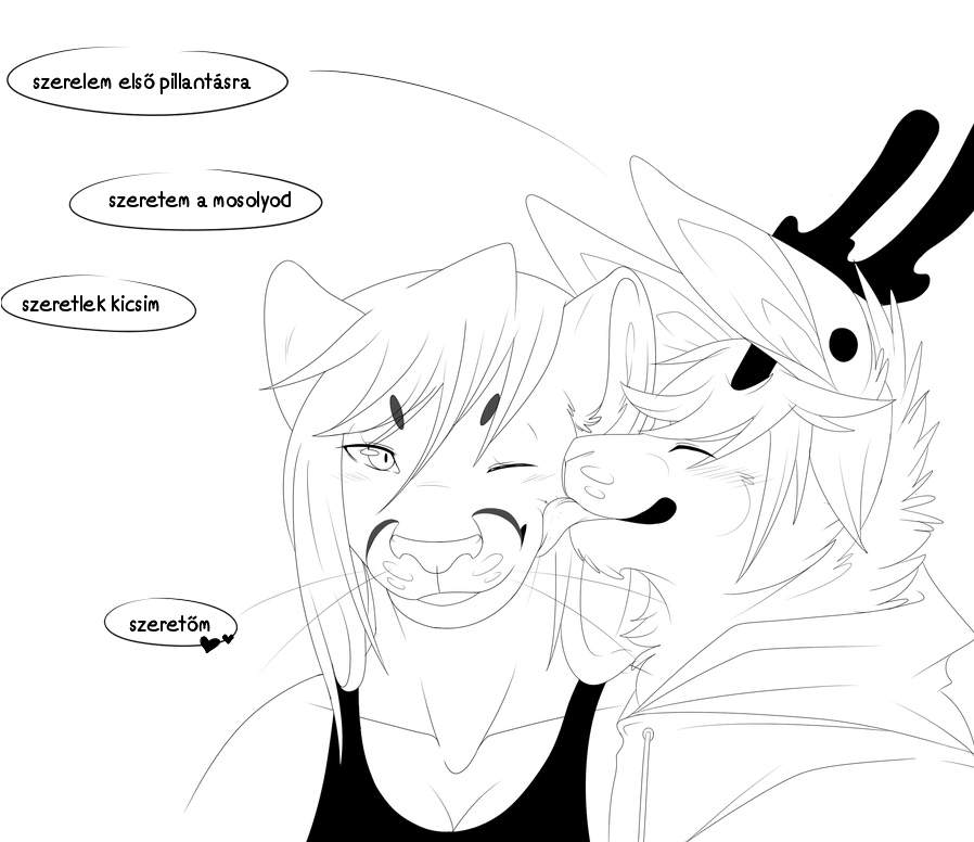 &lt;3 achromatic achromatic_(character) anthro antlers black_and_white blush breasts cervine clothed clothing cougar duo feline female fur hair horn hungarian_text hybrid lagomorph licking mammal monochrome open_mouth plain_background rabbit reindeer sketch smile text timber_wolf tongue tongue_out translation_request whiskers white_background