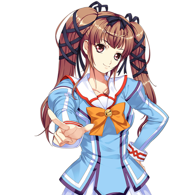 brown_hair hand_on_hip magical_canan pointing purple_eyes ribbon school_uniform smile solo terios transparent_background twintails yokota_mamoru