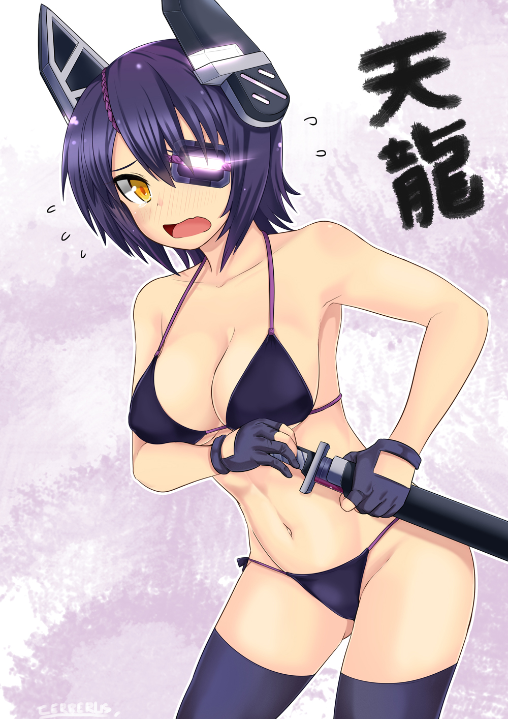 blush bra eyepatch fingerless_gloves flying_sweatdrops gloves headgear highres kantai_collection looking_at_viewer mint_(cerbi) navel open_mouth panties purple_hair short_hair solo sweatdrop sword tenryuu_(kantai_collection) thighhighs underwear underwear_only wavy_mouth weapon yellow_eyes