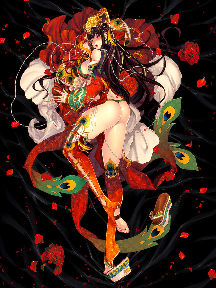 ass barefoot black_hair blush breasts clog_sandals detached_sleeves fingerless_gloves gloves headdress jewelry large_breasts leg_up long_hair open_mouth original petals red_legwear ring sandals sayo_tanku shoes single_sandal single_shoe soles solo thighhighs toeless_legwear