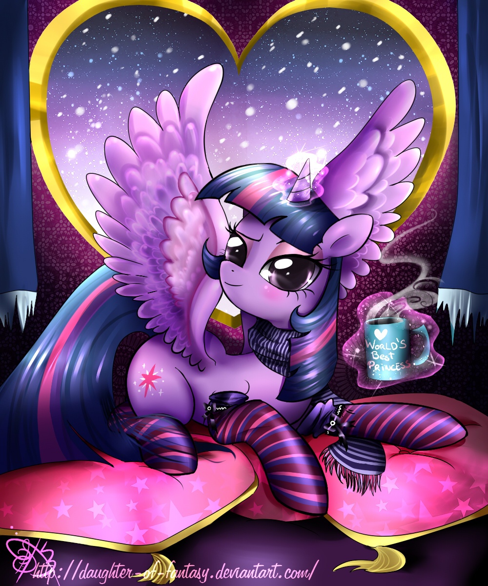 2014 cup cutie_mark daughter-of-fantasy equine female feral friendship_is_magic fur hair horn levitation magic mammal my_little_pony pillow princess purple_eyes purple_fur purple_hair royalty scarf smile snow socks solo steam striped_socks twilight_sparkle_(mlp) window winged_unicorn wings