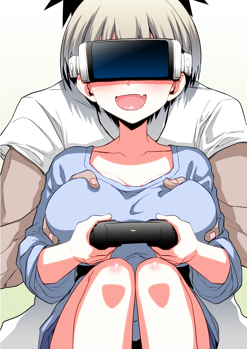 1boy 1girl :d blue_shirt blush breast_grab breasts collarbone commentary_request controller facing_viewer fang game_controller grabbing grabbing_from_behind grey_hair hitotose_rin large_breasts open_mouth sakurai_shinichi shirt short_hair short_sleeves smile uzaki-chan_wa_asobitai! uzaki_hana vr_visor white_shirt