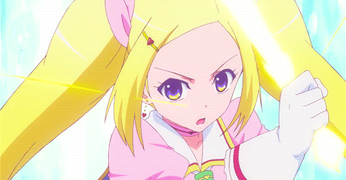animated animated_gif blonde_hair dress hair_ornament hair_ribbon hairclip lala-lulu_(love_stage!!) love_stage!! lowres magical_girl ribbon solo thighhighs twintails