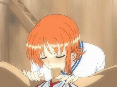1boy 1girl animated animated_gif blush breasts cum cum_in_mouth ejaculation erection fellatio gokkun hitsuki large_breasts lowres nami nami_(one_piece) one_piece oral orange_hair penis swallowing uncensored