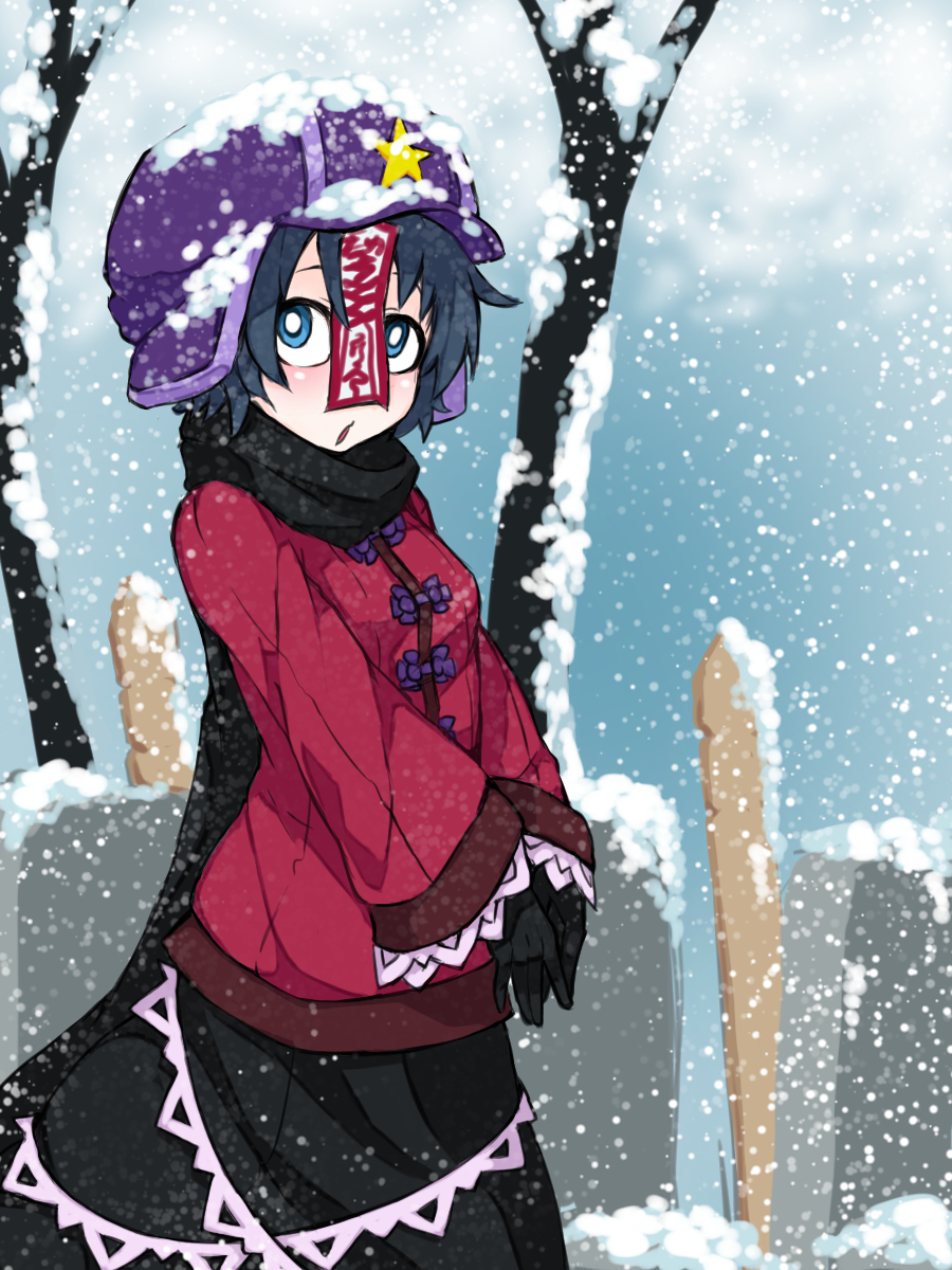 1girl :o adapted_costume black_gloves black_scarf black_skirt blue_eyes blue_hair bright_pupils commentary_request day from_side gloves hat highres jakomurashi long_sleeves looking_at_viewer miyako_yoshika ofuda outdoors purple_hat red_sweater scarf short_hair skirt snow snowing solo standing star sweater touhou tree winter