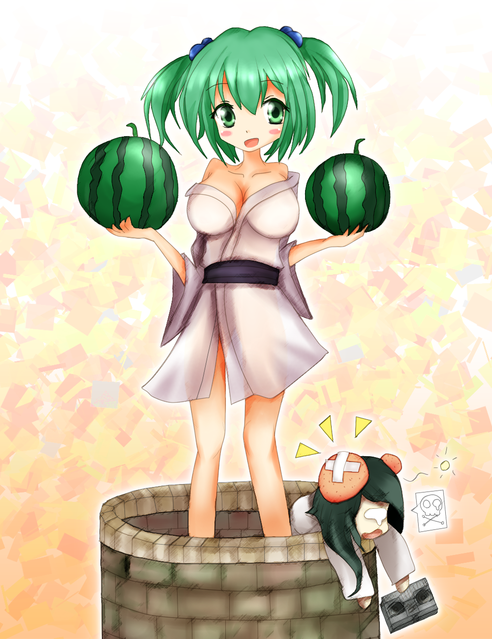 alternate_breast_size aps50217 black_hair breasts cleavage commentary_request food fruit green_eyes green_hair hair_bobbles hair_ornament head_bump highres japanese_clothes kimono kisume large_breasts multiple_girls off_shoulder older open_mouth sash skull_and_crossbones smile the_ring touhou twintails unconscious videocasette watermelon well wide_sleeves yamamura_sadako yukata