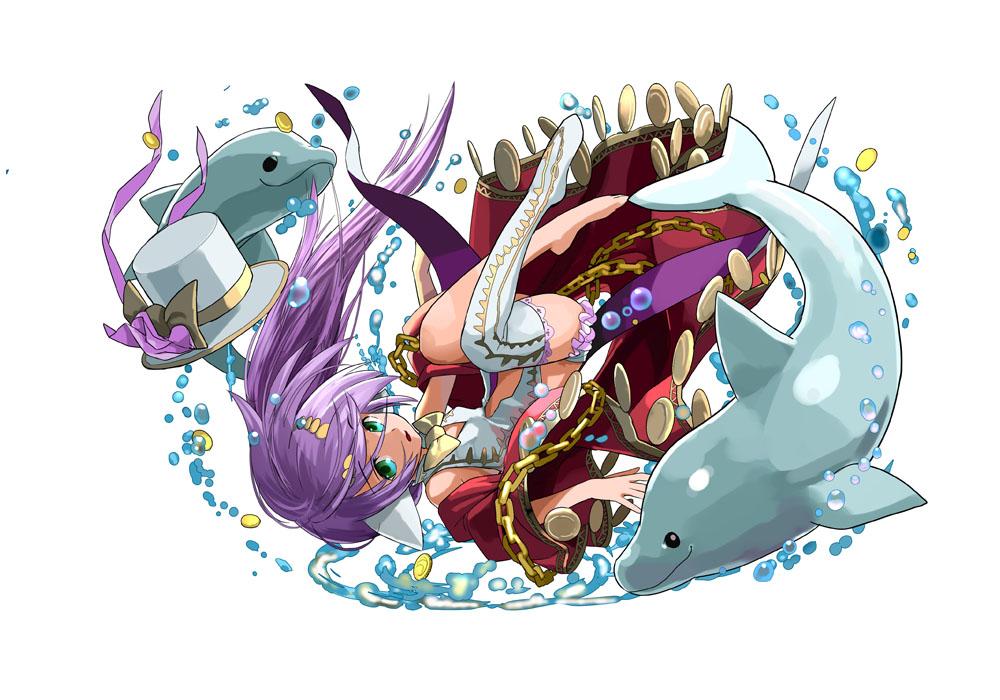 adachi_yousuke animal animal_ears aqua_eyes bare_shoulders bow chain coin dolphin hat headdress leotard long_hair looking_at_viewer official_art open_mouth pointy_ears ponytail purple_hair puzzle_&amp;_dragons robe ruka_(p&amp;d) side_ponytail single_thighhigh solo thighhighs top_hat water white_legwear yellow_bow