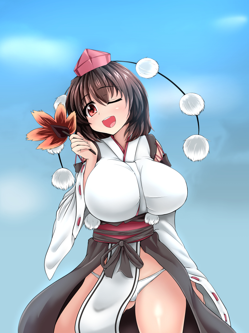 1girl alternate_costume autumn_leaves bad_id bad_pixiv_id bare_legs blush bow breasts brown_hair detached_sleeves hand_fan hand_up hat hauchiwa hydrant_(kasozama) japanese_clothes kourindou_tengu_costume large_breasts leaf long_sleeves looking_at_viewer maple_leaf obi one_eye_closed open_mouth panties pom_pom_(clothes) red_eyes ribbon ribbon-trimmed_sleeves ribbon_trim sash shameimaru_aya short_hair smile solo standing string tokin_hat touhou underwear white_panties wide_sleeves