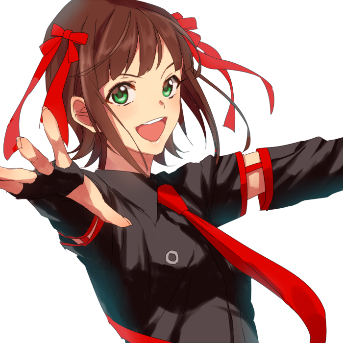 amami_haruka armband bangs black_gloves black_shirt brown_hair commentary_request dress_shirt fingerless_gloves gloves green_eyes hair_ribbon idolmaster idolmaster_(classic) idolmaster_live_for_you! long_hair looking_at_viewer mokuzu_(mokuzzzzz) necktie open_mouth outstretched_arms punkish_gothic red_neckwear red_ribbon ribbon shirt short_hair simple_background smile solo spread_arms standing upper_body white_background wing_collar
