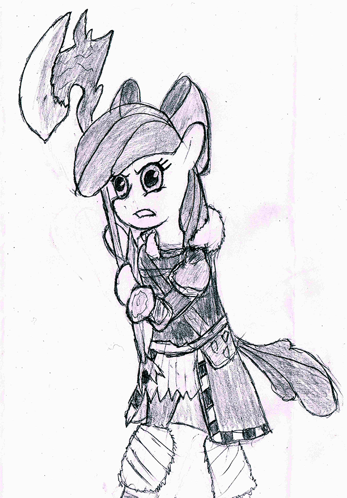 apple_bloom_(mlp) armor axe bravura cub derpsickle equine female final_fantasy friendship_is_magic horse mammal my_little_pony pony solo video_games warrior weapon young