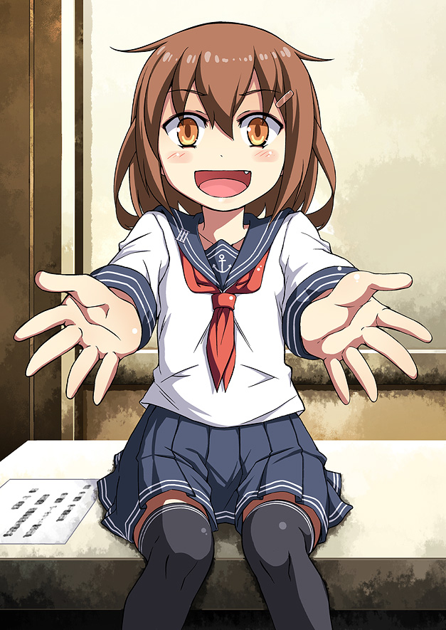 black_legwear blush brown_eyes brown_hair commentary_request hair_ornament hairclip ikazuchi_(kantai_collection) incoming_hug kantai_collection neckerchief open_mouth outstretched_arms reaching_out red_neckwear school_uniform serafuku short_hair sitting skirt smile solo thighhighs yuuji