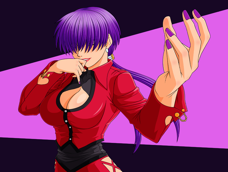 bangs breasts cleavage cleavage_cutout earrings fingernails hair_over_eyes jewelry large_breasts lips lipstick long_hair makani_kohitujito makeup nail_polish ponytail purple_hair purple_nails shermie solo the_king_of_fighters