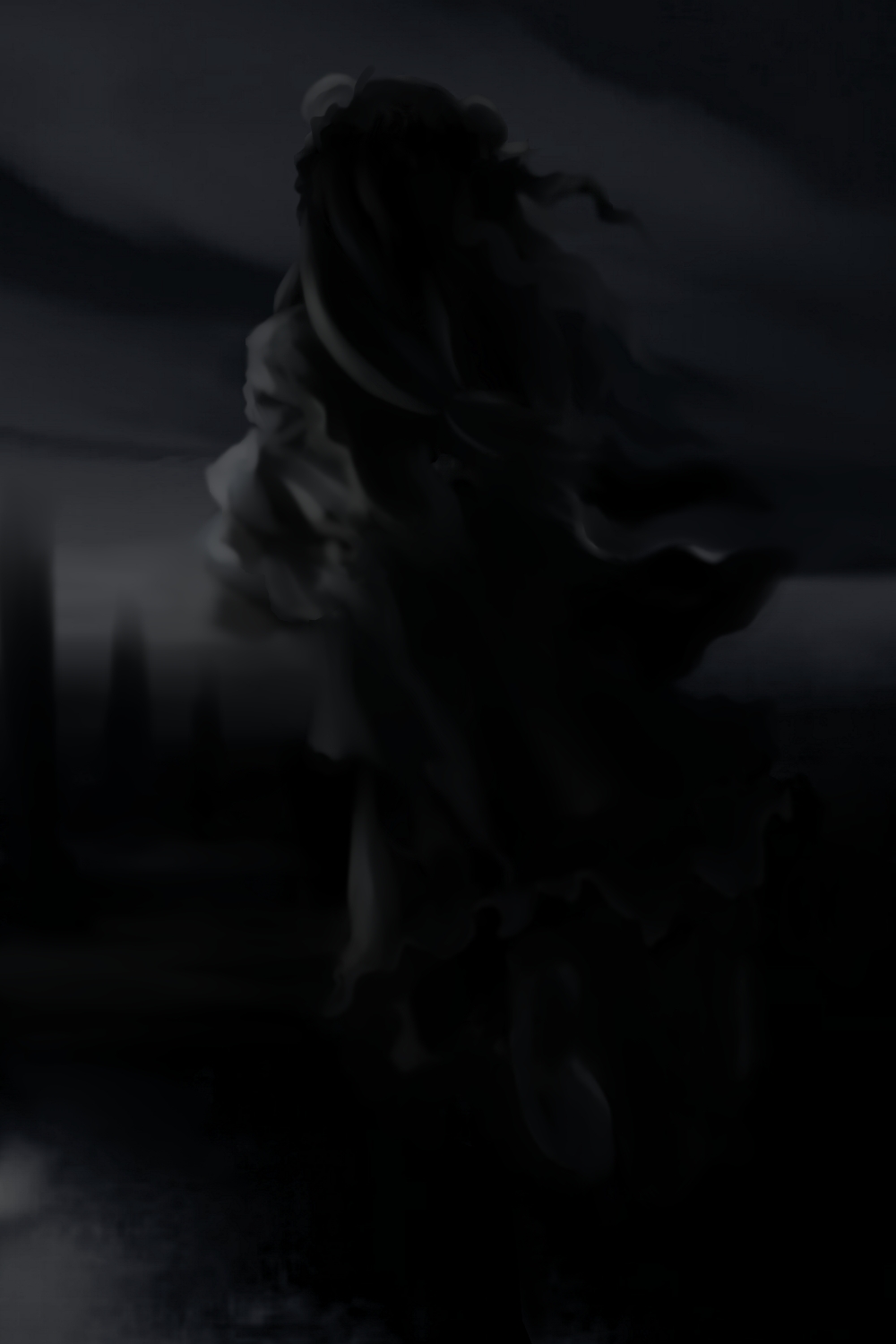 dark from_behind futon_(kitsune_tsuki) greyscale highres monochrome patchouli_knowledge solo touhou wind