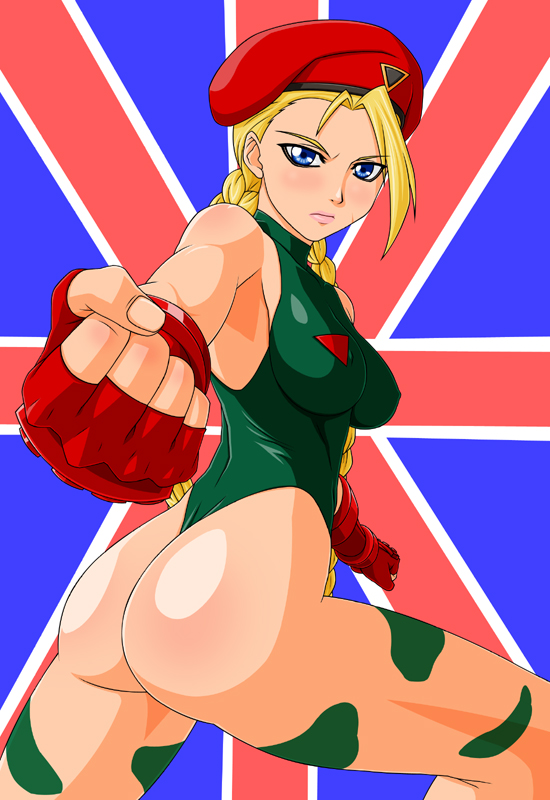 ass bad_id bad_pixiv_id bare_shoulders beret blonde_hair blue_eyes blush braid breasts cammy_white clenched_hands covered_nipples fingerless_gloves flag_print gloves green_leotard hat legs leotard lips lipstick long_hair looking_back makani_kohitujito makeup medium_breasts scar solo street_fighter twin_braids union_jack united_kingdom