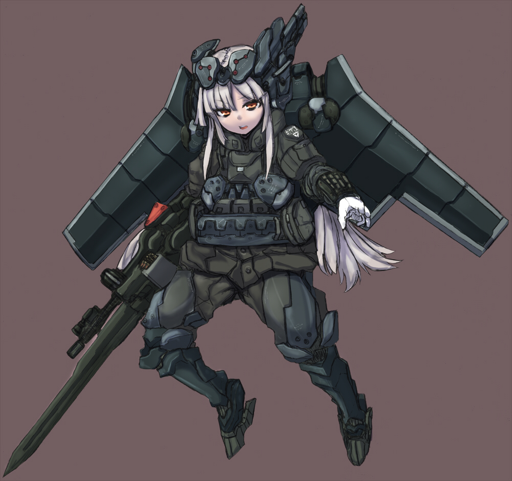 bad_id bad_pixiv_id gloves gun load_bearing_vest long_hair mecha_musume military original sigama solo vest weapon white_hair wings yellow_eyes