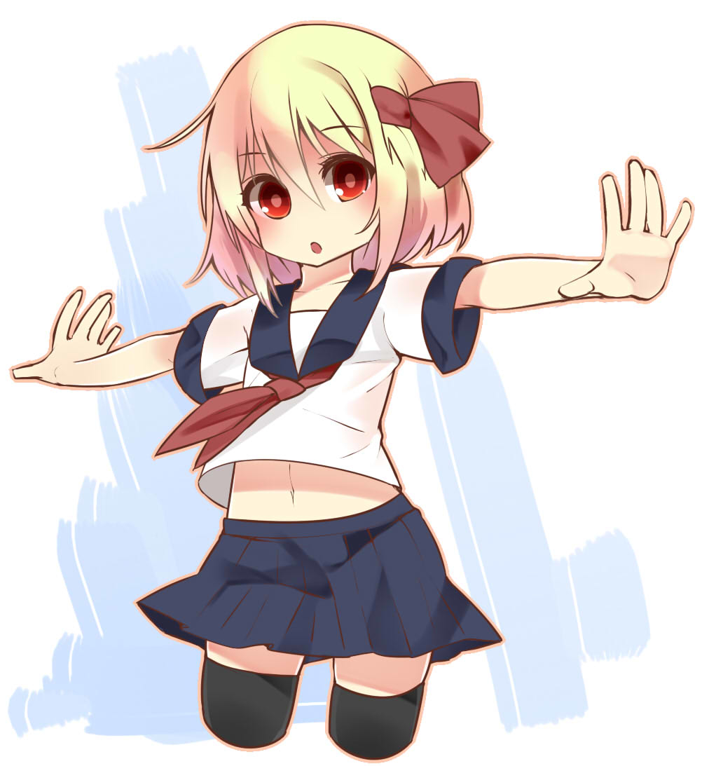 1girl :o alternate_costume bad_id bad_pixiv_id black_thighhighs blonde_hair blouse commentary_request crop_top hair_ribbon looking_at_viewer midriff miniskirt navel neckerchief outstretched_arms pleated_skirt red_eyes ribbon rumia school_uniform serafuku shamo_(koumakantv) shirt short_hair skirt solo thighhighs touhou zettai_ryouiki
