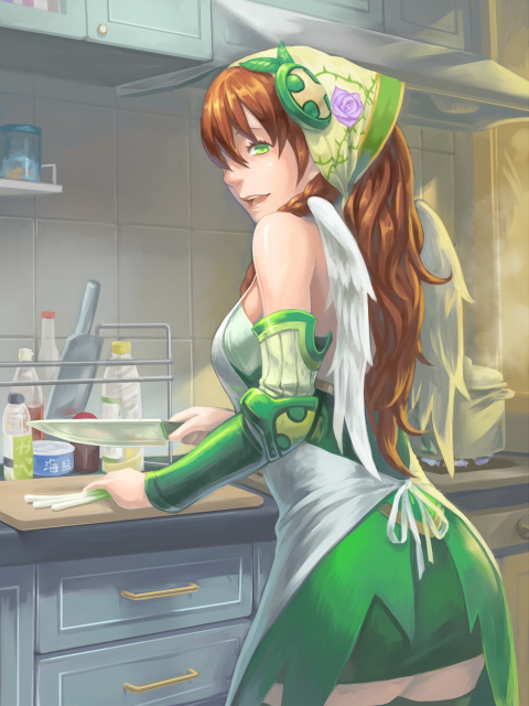 adapted_costume alternate_color apron brown_hair food green_eyes knife long_hair puzzle_&amp;_dragons scotishfold thighhighs valkyrie_(p&amp;d) vegetable wings wood_valkyrie_(p&amp;d)