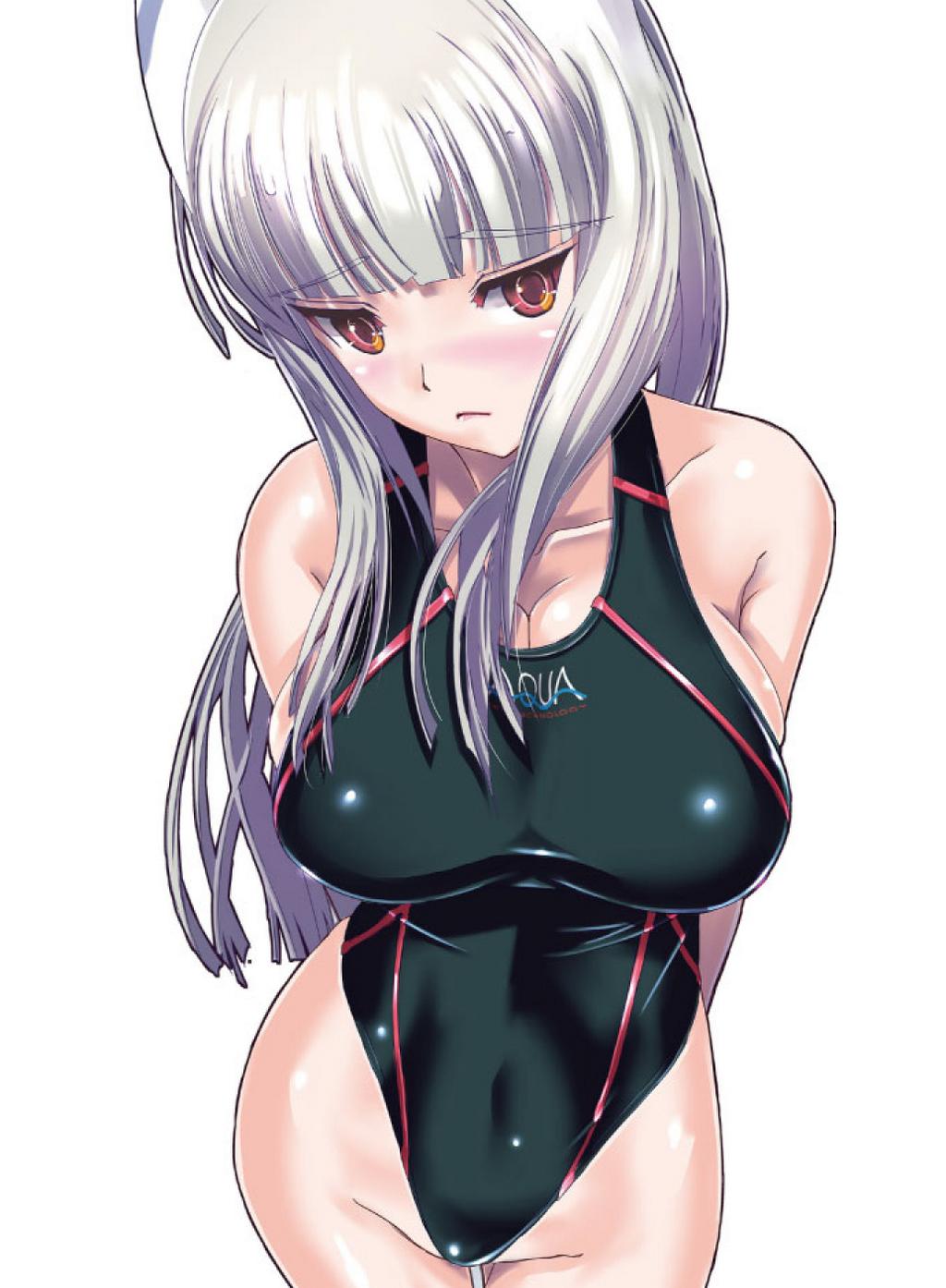 1girl arms_behind_back bangs blunt_bangs blush breasts brown_eyes collarbone competition_swimsuit covered_navel heidimarie_w_schnaufer highleg highleg_swimsuit highres large_breasts long_hair nenchi no_glasses one-piece_swimsuit silver_hair solo strike_witches swimsuit white_background