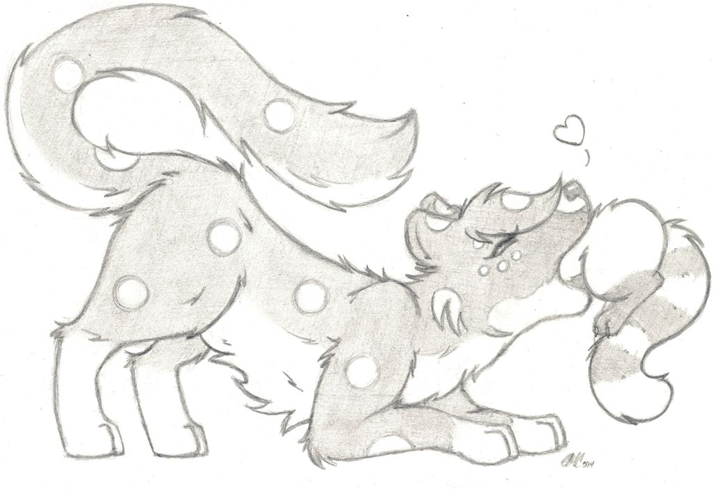 &lt;3 2014 ambiguous_gender ass_up duo eyes_closed facial_markings feline feral fur grey_fur greyscale happy leopard mammal markings meeko_pilotto monochrome plain_background red_panda signature size_difference socks_(marking) soft_vore spots traditional_media vore white_background