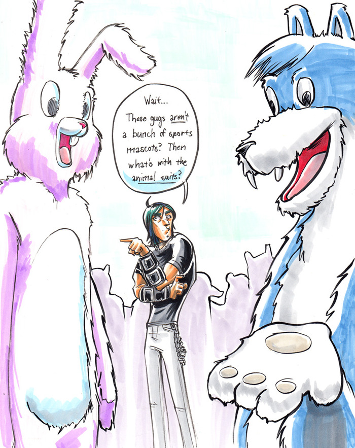 ambiguous_gender canine english_text furries fursuit human lagomorph male mammal rabbit text unknown_artist wolf