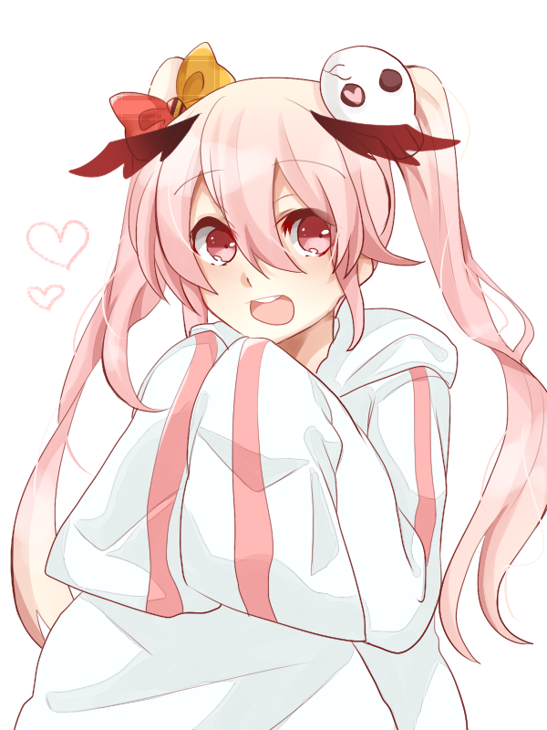 1girl cloak hair_ornament heart hood long_hair long_sleeves open_mouth pink_eyes pink_hair ribbon ruki_(senyuu) sen'yuu. sen'yuu. solo twintails