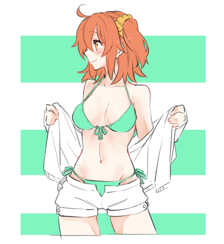 1girl ahoge bikini blush breasts cleavage collarbone cowboy_shot cropped_legs eyebrows_visible_through_hair fate/grand_order fate_(series) fujimaru_ritsuka_(female) green_bikini groin hair_between_eyes halterneck looking_to_the_side medium_breasts open_clothes open_shorts orange_eyes orange_hair orange_scrunchie scrunchie shino-o short_hair short_shorts shorts side-tie_bikini side_ponytail smile solo standing striped striped_background swimsuit undressing white_shorts