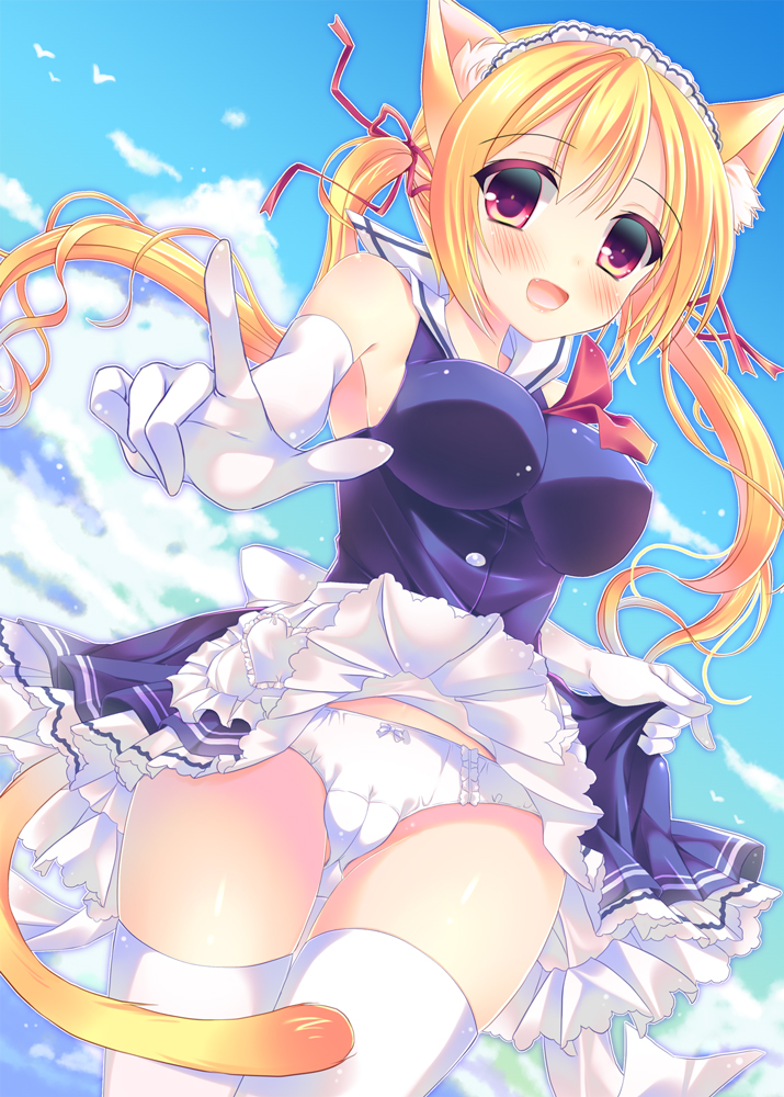 :d animal_ears blonde_hair breasts cameltoe cat_ears cat_tail dress dress_lift elbow_gloves fang foreshortening gloves impossible_clothes impossible_shirt large_breasts low_twintails maid_headdress open_mouth original panties purple_eyes shirt smile tail tamakake thighhighs twintails underwear white_legwear white_panties