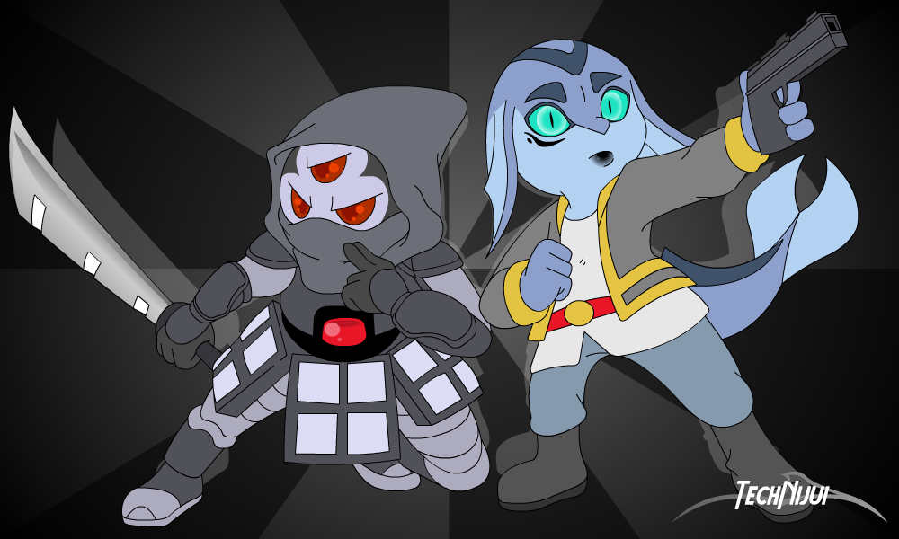 android aquatic bandanna chibi fallen_one_(starbound) figlock hylotl_(starbound) machine mechanical red_eyes robot samurai teal_eyes technijui